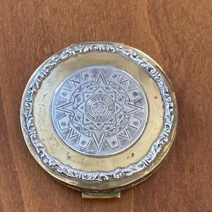 Argenta brass & silver compact w mirror, powder puff & screen. Mayan calendar.